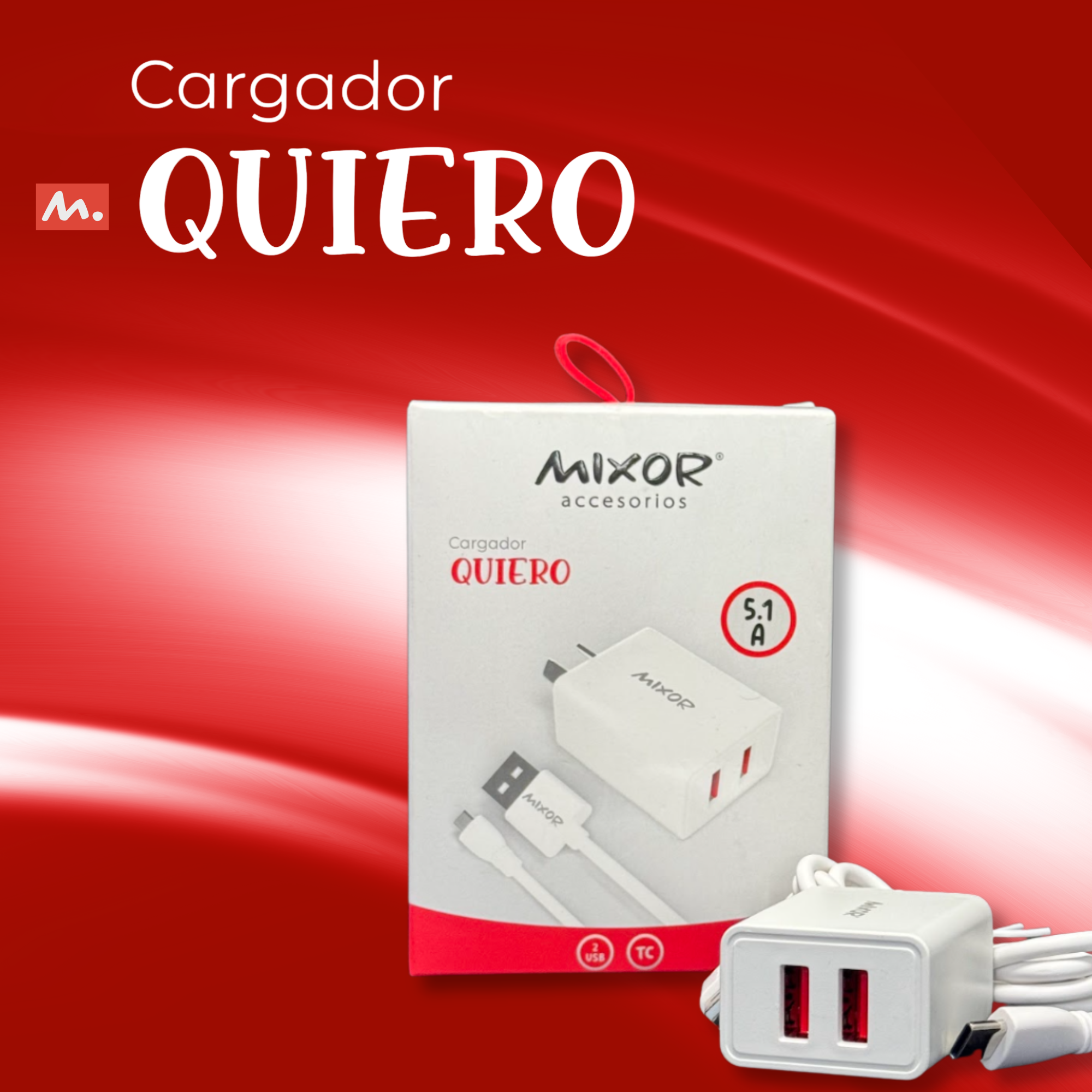 Cargador Pared Mixor Quiero 5.1A 2 USB con Cable Tipo-C - Mayorista
